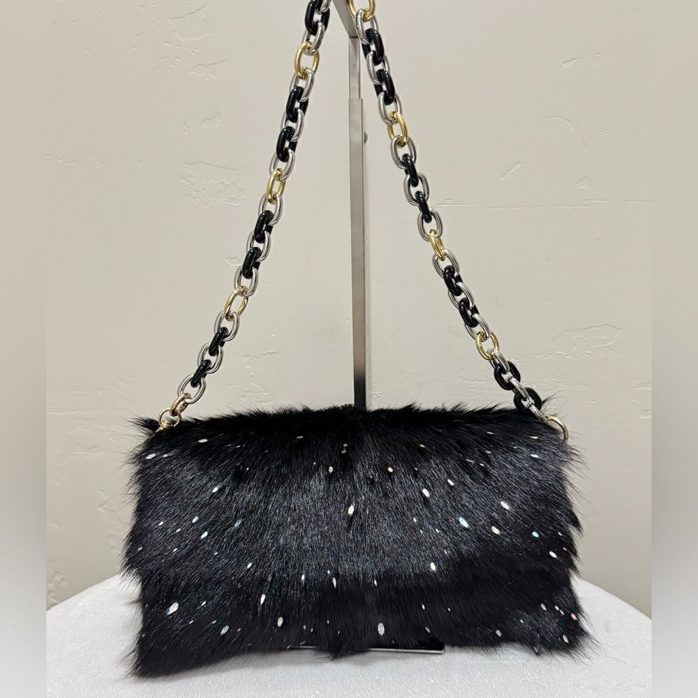 Black Real Goat Hair-on Hide Handmade Baguette Bag, 2 Straps Style